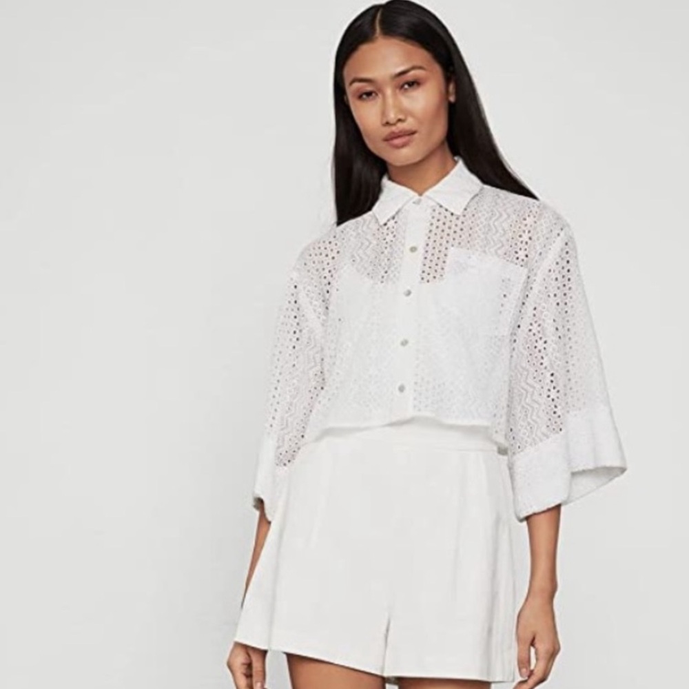 BCBGMaxAzria White Collared Eyelet Button-Down Crop